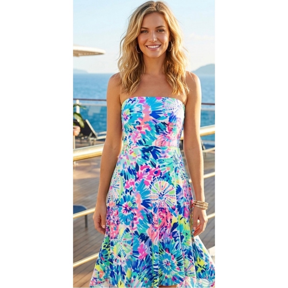 Lilly Pulitzer Strapless Floral Sun Dress in Blue, Pink, Green